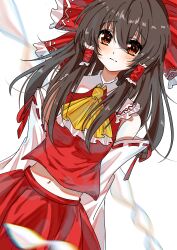  1girl absurdres arms_behind_back ascot blush bow brown_eyes brown_hair chinese_commentary closed_mouth commentary_request detached_sleeves frilled_bow frilled_hair_tubes frills hair_bow hair_tubes hakurei_reimu hato_tototo highres long_hair midriff navel red_bow red_skirt ribbon-trimmed_sleeves ribbon_trim skirt skirt_set solo touhou yellow_ascot 