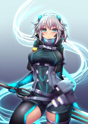  1girl black_bodysuit black_jacket black_shorts blue_eyes blue_gloves bodysuit commentary cropped_jacket english_commentary fi-san gloves grey_hair hair_ornament highres holding holding_sword holding_weapon icey icey_(game) jacket shorts sword weapon 