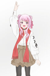  1girl :3 arm_up black_choker black_pantyhose braid braided_base brown_skirt bun_with_braided_base choker double_bun fangs fnokanata hair_bun hair_ribbon highres himehina_channel light_blush long_sidelocks long_sleeves looking_at_viewer multicolored_hair open_mouth pantyhose pink_hair pink_ribbon puffy_long_sleeves puffy_sleeves red_hair red_scarf ribbon scarf shirt sidelocks simple_background skirt solo standing streaked_hair tanaka_hime violet_eyes virtual_youtuber white_background white_shirt 