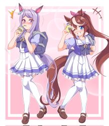  2girls animal_ears aqua_bow bag blue_eyes blush bow bowtie breasts brown_hair brown_shoes collarbone commentary_request cup disposable_cup drinking_straw drinking_straw_in_mouth ear_bow ear_ribbon full_body hair_between_eyes highres holding holding_cup horse_ears horse_girl horse_tail long_hair looking_at_viewer mejiro_mcqueen_(umamusume) mokichi3356 multicolored_hair multiple_girls open_mouth pleated_skirt ponytail puffy_short_sleeves puffy_sleeves purple_bow purple_bowtie purple_hair purple_shirt sailor_collar sailor_shirt school_bag school_uniform shirt shoes short_sleeves simple_background single_hair_streak skirt small_breasts smile star_(symbol) streaked_hair summer_uniform tail thigh-highs tokai_teio_(umamusume) tracen_school_uniform two-tone_hair umamusume v violet_eyes white_hair white_sailor_collar white_skirt white_streaks white_thighhighs 