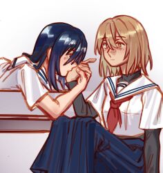  2girls black_hair blue_skirt blush brown_eyes brown_hair commentary highres holding_hands kiss kissing_hand layered_sleeves long_hair long_skirt long_sleeves multiple_girls neckerchief oumi_shiori pleated_skirt red_neckerchief s_skylars sailor_collar school_uniform serafuku shirt short_hair short_over_long_sleeves short_sleeves skirt undershirt watashi_wo_tabetai_hitodenashi white_sailor_collar white_shirt yaotose_hinako yuri 