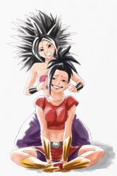  2girls absurdres black_hair boots caulifla crop_top crossed_legs dragon_ball dragon_ball_super grin highres kale_(dragon_ball) long_hair looking_at_viewer midriff multiple_girls muscular navel roub3d shadow shorts signature simple_background sitting skirt smile spiky_hair strapless toned tube_top white_background wristband 