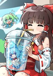  3girls absurdres ascot blue_bow blue_dress blue_eyes blue_hair blue_shoes blue_skirt blue_vest blush bow bowtie breasts brown_hair chest_sarashi cirno closed_eyes collared_shirt commentary_request daiyousei detached_sleeves detached_wings dress drinking flying_sweatdrops frilled_bow frilled_hair_tubes frills green_eyes green_hair hair_bow hair_tubes hakurei_reimu highres ice ice_wings long_hair mary_janes mini_person minigirl multiple_girls mundane_utility open_mouth pinafore_dress red_bow red_bowtie red_skirt ribbon-trimmed_sleeves ribbon_trim sarashi shirt shoes sitting skirt skirt_set sleeveless sleeveless_dress small_breasts socks sweat tearing_up touhou unagiii_0 vest water white_shirt white_socks wings yellow_ascot 