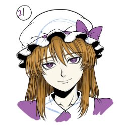  1girl blonde_hair bow closed_mouth collared_dress commentary_request dress hat hat_bow highres long_hair looking_at_viewer maribel_hearn mob_cap portrait purple_bow purple_dress ryoan_(voyagehermitage) simple_background smile solo touhou unfinished violet_eyes white_background white_hat 