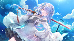  1girl 9-nine- :d ^_^ arteria_raelius bare_shoulders blue_sky breast_curtains breasts closed_eyes clouds copyright_notice cowboy_shot day diamond_(gemstone) diamond_hair_ornament dress dutch_angle eyes_visible_through_hair facing_viewer falling_petals fangs floating_hair floral_print floral_print_dress game_asset grey_hair grey_sash hair_between_eyes hair_ornament happy highres holding holding_sword holding_weapon izumi_tsubasu katana large_breasts long_hair long_sleeves medium_dress off-shoulder_dress off_shoulder official_art open_mouth outdoors over_shoulder petals pleated_dress print_dress promotional_art sidelocks sky sleeves_past_wrists smile solo sunlight sword sword_over_shoulder very_long_hair weapon weapon_over_shoulder white_dress wide_sleeves 