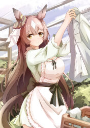  1girl absurdres aged_up animal_ears apron blush braid breasts brown_eyes brown_hair closed_mouth commentary_request double-parted_bangs dress ear_ornament green_dress hair_between_eyes half_up_braid highres holding holding_unworn_clothes horse_ears horse_girl horse_tail large_breasts laundry_basket long_hair looking_at_viewer multicolored_hair outdoors patterned_hair satono_diamond_(umamusume) shirt smile solo streaked_hair sugi_(user_nash8444) tail umamusume very_long_hair white_apron white_shirt yellow_eyes 