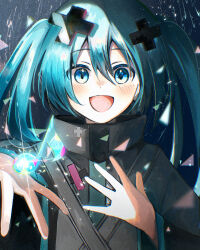  1girl aqua_eyes aqua_hair batsu_miku commentary_request grey_jacket hair_between_eyes hair_ornament hand_on_own_chest hatsune_miku high_collar highres jacket jakko_chan kowareta_sekai_to_utaenai_miku long_hair long_sleeves open_mouth project_sekai sleeves_past_wrists solo turtleneck turtleneck_jacket upper_body very_long_hair vocaloid x_hair_ornament 