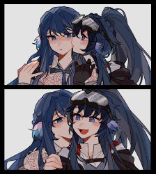  2girls animal_ears arknights artist_request astesia_(arknights) astgenne_(arknights) bird_ears black_border blue_eyes blue_hair blush border braid chinese_commentary commentary_request commission fang goggles goggles_on_head hair_between_eyes hand_on_another's_shoulder highres incest kiss kissing_cheek long_hair looking_at_another multiple_girls nose_blush open_mouth ponytail profile second-party_source siblings sisters skin_fang smile upper_body yuri 