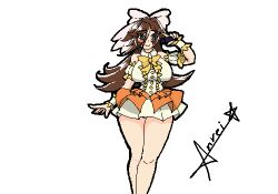 1girl absurdres anrei_fear blue_eyes breasts brown_hair closed_mouth commentary_request dress genderswap hair_between_eyes highres holding idol inazuma_eleven inazuma_eleven_(series) large_breasts long_hair looking_at_viewer ribbon self-upload signature simple_background skirt smile solo thick_thighs thighs white_background white_dress white_ribbon yellow_ribbon 