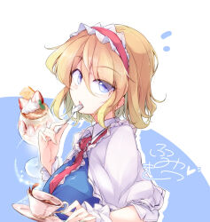  1girl alice_margatroid blonde_hair blue_background blue_dress blue_eyes breasts capelet commentary_request cup dress food frilled_necktie frilled_shirt_collar frills fruit fumitsuki_(minaduki_6) hair_between_eyes hairband hand_up holding holding_spoon large_breasts lolita_hairband looking_at_viewer necktie open_mouth parfait red_hairband red_necktie short_hair sidelocks solo spoon strawberry teacup touhou two-tone_background white_background white_capelet wrist_cuffs 