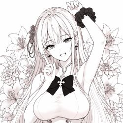  1girl armpits blue_archive breasts buttons capelet commentary_request cross dress floral_background flower gradient_halo hair_bun hair_flower hair_ornament hair_scrunchie halo highres large_breasts long_hair looking_at_viewer mika_(blue_archive) monochrome multicolored_halo open_mouth pink_hair pink_halo qianli_zhuifeng_xia ribbon school_uniform scrunchie sidelocks simple_background single_side_bun smile solo white_dress white_wings wings wrist_scrunchie yellow_background yellow_eyes 