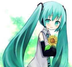  1girl :d amakaze_sora bare_shoulders black_sleeves blue_eyes blue_hair blue_necktie blush collared_shirt detached_sleeves flower grey_shirt hatsune_miku headset long_hair long_sleeves looking_at_viewer lowres necktie shirt sleeveless sleeveless_shirt sleeves_past_fingers sleeves_past_wrists smile solo sunflower tie_clip twintails very_long_hair vocaloid white_background yellow_flower 