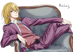  1boy absurdres armchair black_eyes blazer brown_hair chair commentary_request crossed_legs hair_between_eyes highres jacket kakine_teitoku looking_at_viewer male_focus medium_hair ni_(7no8210mare) open_clothes open_jacket open_shirt pants parted_lips pink_shirt purple_jacket purple_pants reclining shirt signature sitting toaru_kagaku_no_dark_matter toaru_majutsu_no_index white_background white_shirt 