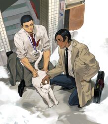  2boys animalization black_hair briefcase cat closed_mouth coat contemporary facial_hair goatee golden_kamuy grey_coat grey_pants koito_otonoshin luke_skyfaller male_focus multiple_boys name_tag necktie pants petting red_necktie short_hair sitting stairs tan tsukishima_hajime tsurumi_tokushirou white_cat 