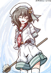  1girl absurdres arms_behind_back artist_name belt blush breasts brown_belt closed_eyes commentary_request dated facing_viewer green_sailor_collar hat highres hishaku murasa_minamitsu neckerchief one-hour_drawing_challenge open_mouth red_neckerchief sailor_collar sailor_hat shirt short_sleeves shorts small_breasts smile solo touhou ve1024 white_shirt white_shorts 