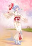  absurdres alternate_costume braid clog_sandals fan folding_fan footwear frills highres izayoi_sakuya japanese_clothes kimono maid_headdress obi samanta silver_hair socks solo tabi touhou twin_braids white_legwear zouri 