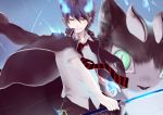  black_hair blazer blue_fire cat fangs fire highres katana kuro_(ao_no_exorcist) male necktie okumura_rin renka88 school_uniform short_hair striped striped_necktie sword weapon 