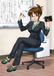  book brown_eyes brown_hair crossed_legs formal glasses hida_tatsuo highres idolmaster no_socks open_mouth pencil sitting smile translation_request 