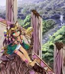  1girl anklet aqua_eyes barefoot bastet_(p&amp;d) bracelet brown_hair feet hairband jewelry long_hair puzzle_&amp;_dragons ruins shikei_(jigglypuff) sitting skirt smile soles solo staff toes 