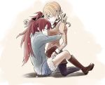  ^_^ blonde_hair blush boots bow breast_smother breasts closed_eyes die_(artist) drill_hair eyes_closed fang hair_bow happy hug kneeling long_hair mahou_shoujo_madoka_magica multiple_girls pantyhose ponytail red_hair redhead sakura_kyouko school_uniform short_hair shorts simple_background sitting skirt smile tomoe_mami yuri 