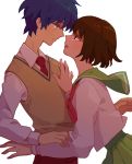  1girl arm_grab blue_hair brown_eyes brown_hair couple eye_contact green_eyes hug incipient_kiss looking_at_another love mawaru_penguindrum necktie oginome_ringo school_uniform serafuku short_hair sinkobo takakura_shouma tears vest 