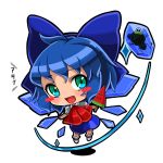  ahoge aqua_eyes ascot atyuto bad_id blue_dress blue_hair blush_stickers bow cirno dress food frog frozen hair_bow ice_cream open_mouth popsicle smile solo touhou wings 