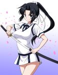  bad_id black_hair blue_eyes maji_de_watashi_ni_koi_shinasai! maji_de_watashi_ni_koishinasai!_s marugoshi_teppei minamoto_yoshitsune minamoto_yoshitune navel one-piece_swimsuit ponytail school_uniform sheath solo swimsuit sword unsheathing weapon 