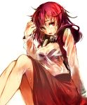  bra breasts lingerie looking_at_viewer messy_hair okazaki_yumemi open_mouth red_eyes red_hair redhead see-through short_hair simple_background sitting solo touhou touhou_(pc-98) ukyo_rst underwear wet wet_clothes 