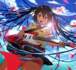  black_hair blurry brown_eyes cloud depth_of_field electric_guitar from_below guitar instrument k-on! lens_flare long_hair mocco nakano_azusa open_mouth petals pleated_skirt plectrum school_uniform skirt solo sweater_vest twintails 