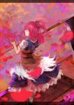  bad_id dress hair_bobbles hair_ornament looking_at_viewer onozuka_komachi petals poetrywing red_eyes red_hair redhead scythe solo touhou twintails 