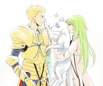  androgynous armor blonde_hair earrings enkidu_(fate/strange_fake) fate/stay_night fate/strange_fake fate_(series) gilgamesh green_eyes green_hair jewelry long_hair male multiple_boys red_eyes white_background wolf yeichi 