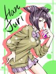  alternate_costume black_hair bowtie capcom character_name female han_juri hand_on_hip highres hips juice_box purple_eyes school_uniform skirt sleeves_pushed_up solo solos spider_web_print straw street_fighter street_fighter_iv sweater twintails violet_eyes young 