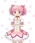  absurdres artist_request bow gloves hair_ribbon highres kaname_madoka mahou_shoujo_madoka_magica official_art pink_eyes pink_hair pink_ribbon polka_dot polka_dot_background ribbon shaft short_twintails smile solo twintails white_gloves 