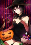  bad_id bare_shoulders black_hair bob_cut breasts candy cape cleavage dress durarara!! elbow_gloves glasses gloves halloween hat hinachicrm ivy jack-o&#039;-lantern jack-o'-lantern lantern large_breasts pumpkin red_eyes short_hair solo sonohara_anri strapless_dress striped striped_background thigh-highs thighhighs witch_hat 