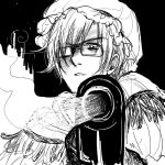  ahoge alternate_costume axis_powers_hetalia bonnet cosplay crossdressinging flower gun hat little_red_riding_hood male masuda_himeno monochrome open_mouth poncho rough serious shaded_face smoke smoking_gun solo southern_italy_(hetalia) sunglasses weapon white_skin 