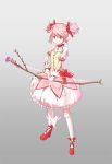  arrow bow bow_(weapon) bubble_skirt choker dress flower gloves grey_background hair_bow kaname_madoka magical_girl mahou_shoujo_madoka_magica pink_eyes pink_hair pink_rose rose short_twintails solo soul_gem tokumaro twintails weapon 