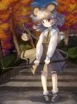  animal_ears basket blue_sky cloud dowsing_rod dress grey_hair highres jewelry mouse mouse_ears mouse_tail nazrin pendant red_eyes shope short_hair sky solo stairs standing tail touhou tree 