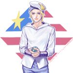  1boy american_flag ball blonde_hair blue_eyes drawr hat hoodie johnny_joestar jojo_no_kimyou_na_bouken jojolion sailor_hat solo tkd_dkt 