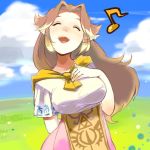 adult arm_behind_back breasts brown_hair closed_eyes cloud hand_on_own_chest large_breasts long_hair malon moja_(pixiv) musical_note nintendo ocarina_of_time open_mouth pointy_ears purple_skirt scarf skirt sky smile solo taut_shirt the_legend_of_zelda 