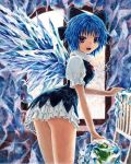  :3 ass blue_eyes blue_hair bow chair cirno dress frills frog from_behind frozen hair_bow ice ice_wings kabaji looking_back oil_painting_(medium) open_mouth short_hair solo thighs touhou traditional_media window wings 