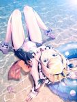  ankle_cuffs barefoot blonde_hair blue_eyes conch copyright_request crown flotation_device innertube lying mubouou_aasaa solo submerged swimsuit upside-down water wrist_cuffs 