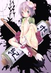  absurdres bad_id calligraphy_brush clog_sandals flower hair_flower hair_ornament hieda_no_akyuu highres oversized_object paintbrush purple_eyes purple_hair sakuraba_hikaru_(artist) scroll short_hair socks solo touhou violet_eyes white_legwear 