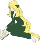  barefoot blonde_hair book drawfag flat_color hair_ornament hair_over_one_eye long_hair pokemon pokemon_(game) pokemon_dppt reading shirona_(pokemon) simple_background sitting solo very_long_hair white_background 