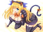  ;d aizawa_hikaru animal_ears bare_shoulders bent_over blonde_hair blue_hair breasts cat_ears cat_tail cleavage detached_sleeves fang female garter_straps hair_ornament high_heels huge_breasts ishioto kneeling large_breasts long_hair microsoft open_mouth paws shoes silverlight skirt smile solo suspenders tail thigh-highs thighhighs two_side_up wink 