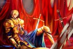  1boy armor blonde_hair blood earrings fate/stay_night fate_(series) gilgamesh jewelry male short_hair solo sword weapon zerocastle 