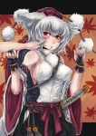  animal_ears black_gloves breasts cheek_poke detached_sleeves gloves hands hat impossible_clothes impossible_clothing impossible_shirt inubashiri_momiji large_breasts no_bra panzer poking red_eyes shield shirt short_hair sideboob silver_hair solo sword tokin_hat touhou weapon wolf_ears 