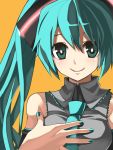  aqua_eyes aqua_hair bare_shoulders bust detached_sleeves hair_ornament hatsune_miku long_hair nail_polish necktie simple_background solo twintails vocaloid yui_tooru 