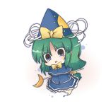  arms_behind_back blue_eyes bow chibi crescent dekasudachin ghost ghost_tail green_hair hat hat_bow long_hair mima simple_background solo staff touhou touhou_(pc-98) wizard_hat 