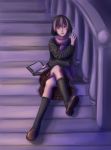  1girl anthropomorphization book crossed_legs highres jacket multicolored_hair my_little_pony my_little_pony_friendship_is_magic personification plaid plaid_skirt pleated_skirt purple purple_background purple_eyes scarf short_hair sitting skirt solo stairs twilight_sparkle violet_eyes 