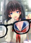  black_hair blue_eyes blush breasts cleavage fangs glasses glasses_view hair_ornament hairclip highres long_hair looking_at_viewer open_mouth original pov refraction school_uniform serafuku smile taira_tsukune 